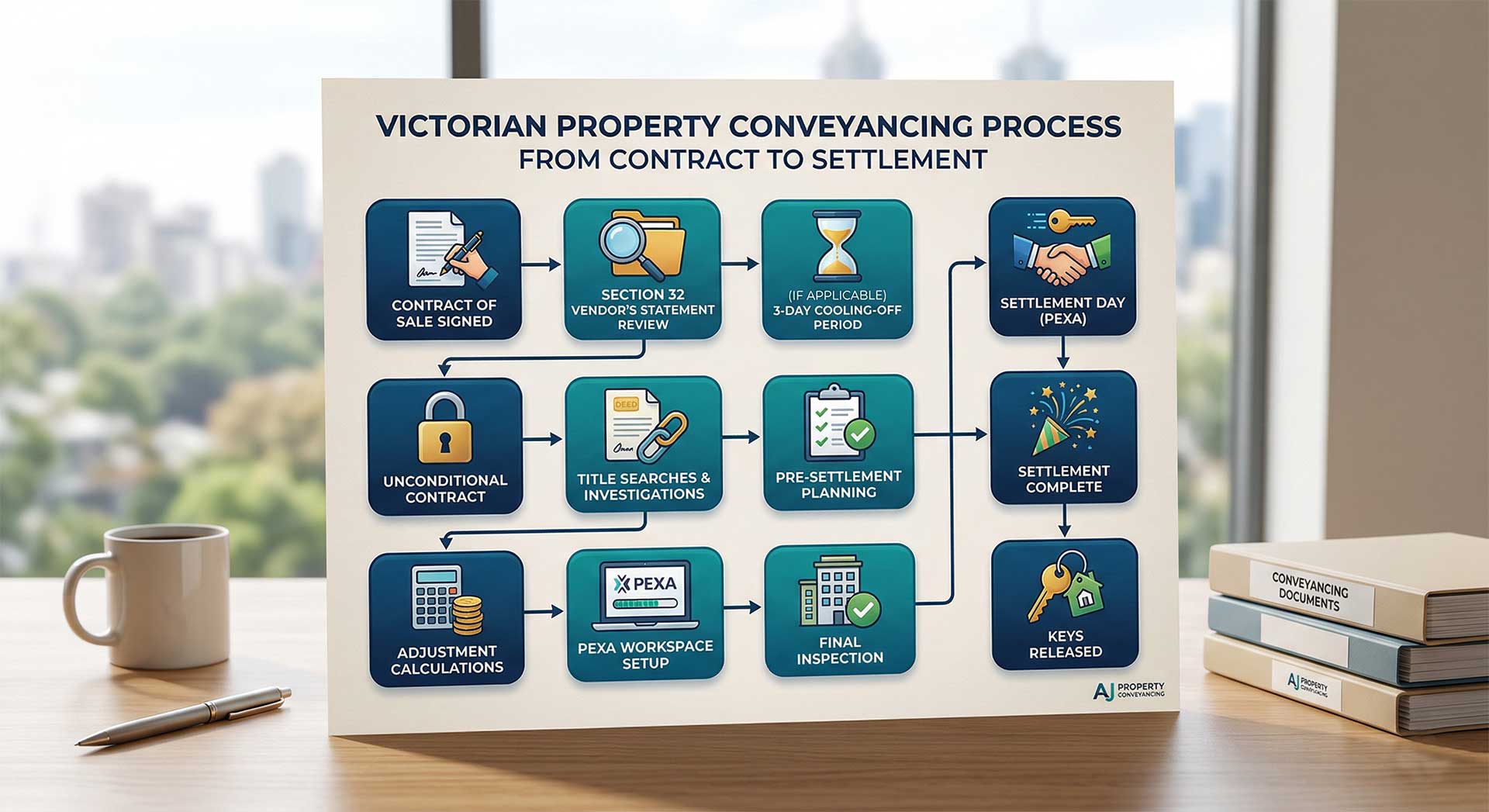 The process of property conveyancing in Melbourne - flowchart from contract to settlement